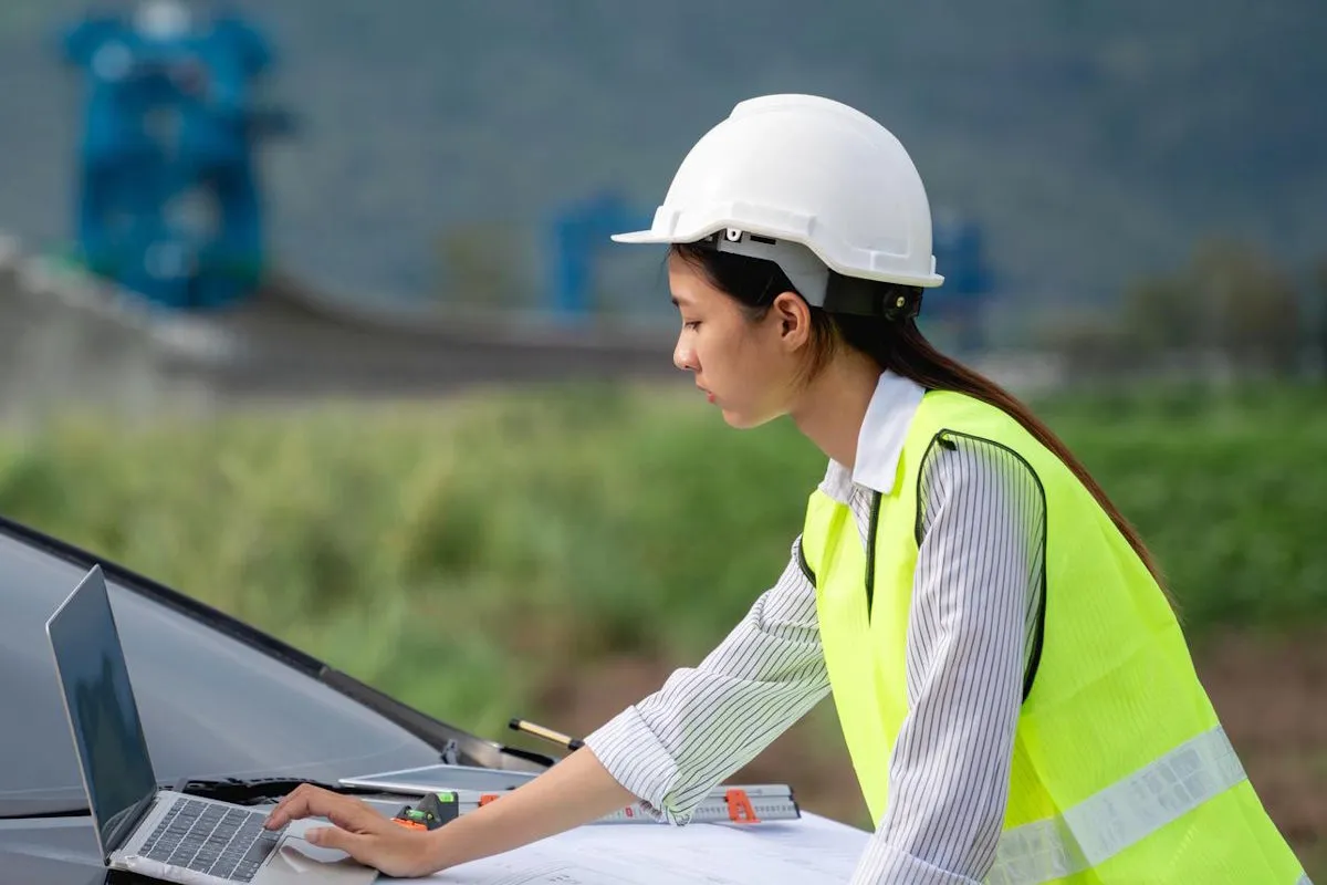 Ingeniero revisando datos de auscultación de pavimentos en carretera